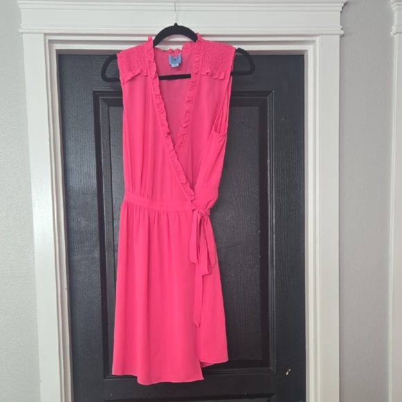 CeCe By Cynthia Steffe Hot Pink Sleeveless Ruffled Wrap Dress Size Large - Picture 2 of 13